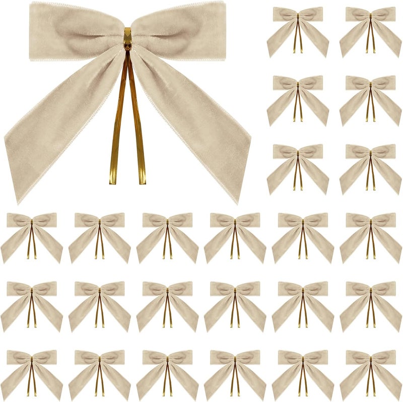 Utehilly 24 Pcs Champagne Small Velvet Christmas Bows for Christmas Tree, Wreath, Gift Wrapping, Crafts, Wedding, Party, Twist Tie Bows for Treat Bag Bakery Candy Bags, Home Decor 1" W,3.5 x 3.5 inch - Image 1